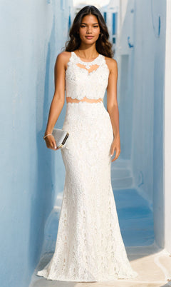 Mock Two-Piece Long Lace Prom Dress with Sheer Back Off White / 3XLarge Mock Two-Piece Long Lace Prom Dress with Sheer Back Off White / 3XLarge