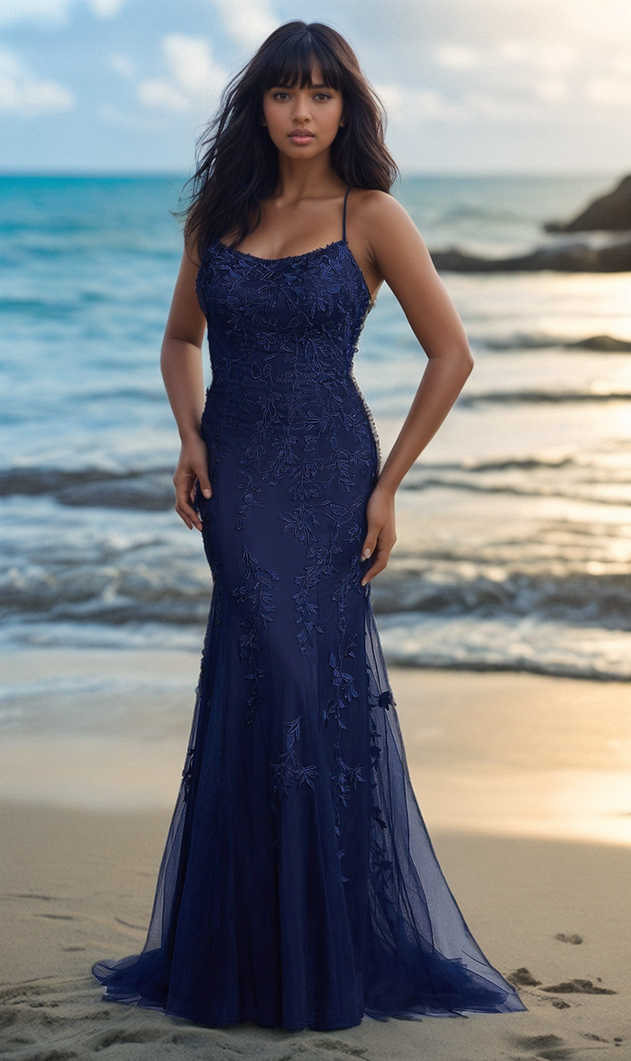 PromGirl Long Blue Prom Dress with Statement Back