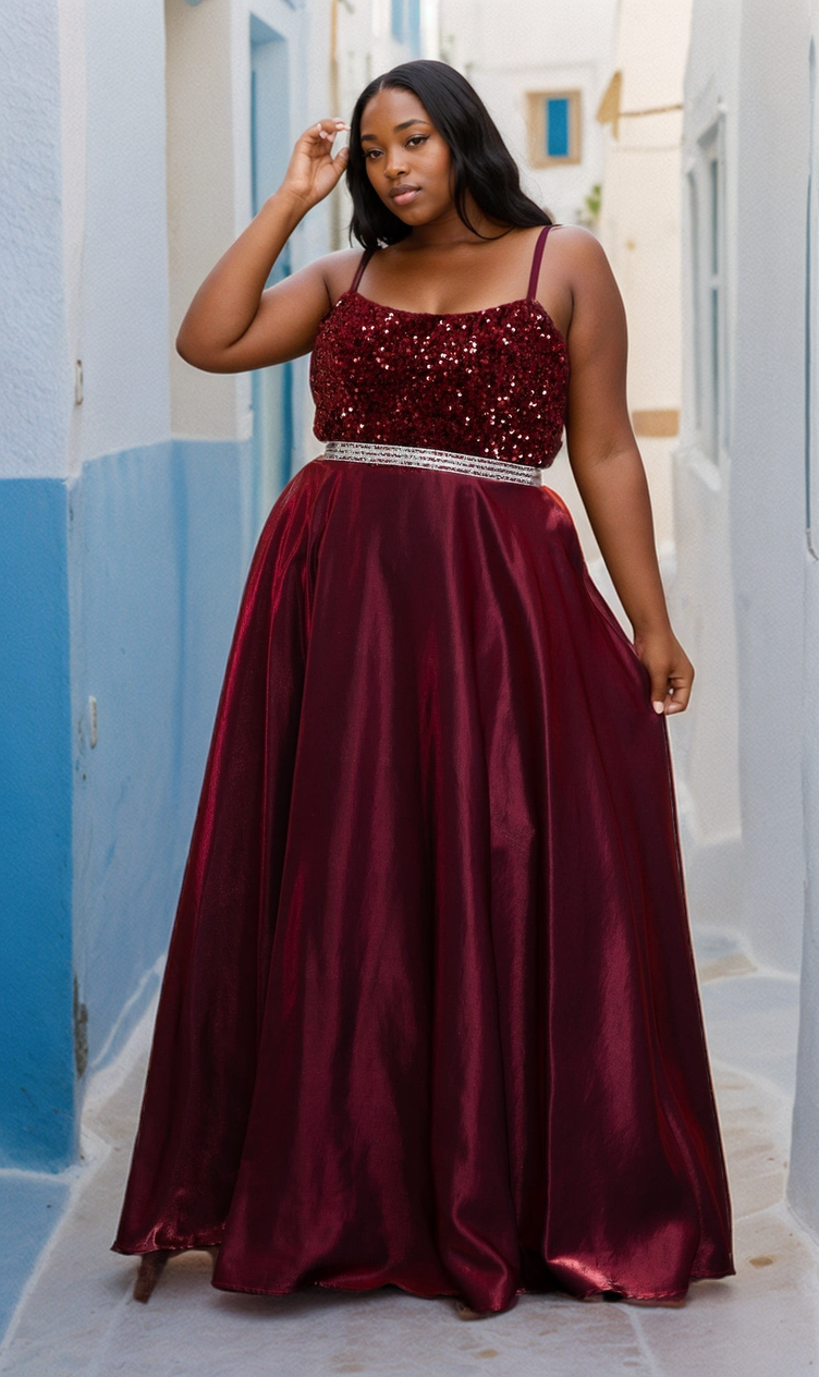 A woman stands in an alley with white walls and blue accents, wearing the Lace-Up Long Plus-Size Prom Dress with Sequins W1018 featuring a sleeveless design, sequined bodice, and flowing satin skirt.