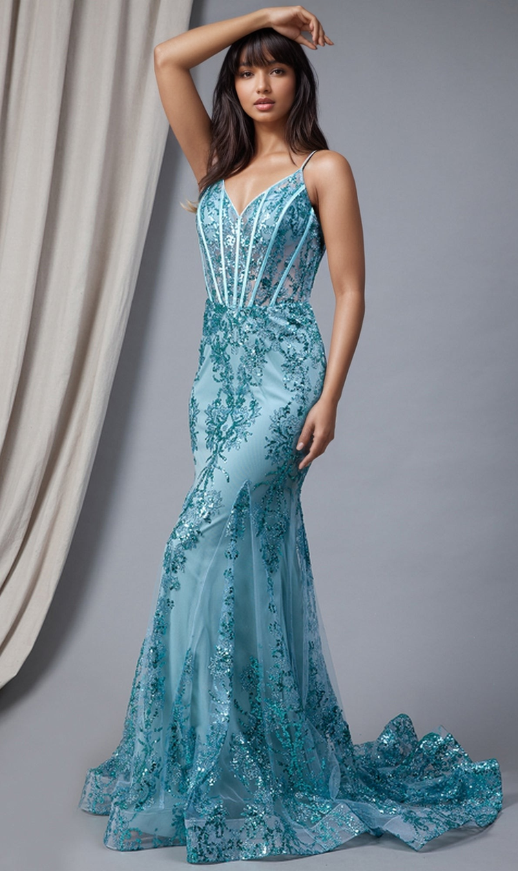 Sheer-Corset Long Glitter-Print Prom Dress BZ015
