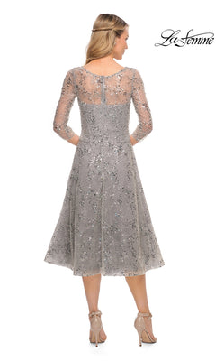 Back view of the grey, sequin-embellished Midi Mother of Bride Dress: La Femme 30002 in a fit-and-flare silhouette with three-quarter sleeves and nude heels.