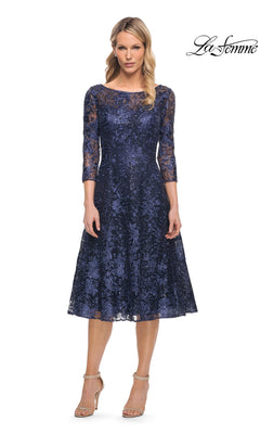 Navy Midi Wedding Guest Dress: La Femme 30005, a midi-length lace dress with three-quarter sleeves and an all-over floral overlay in a flattering fit-and-flare silhouette.
