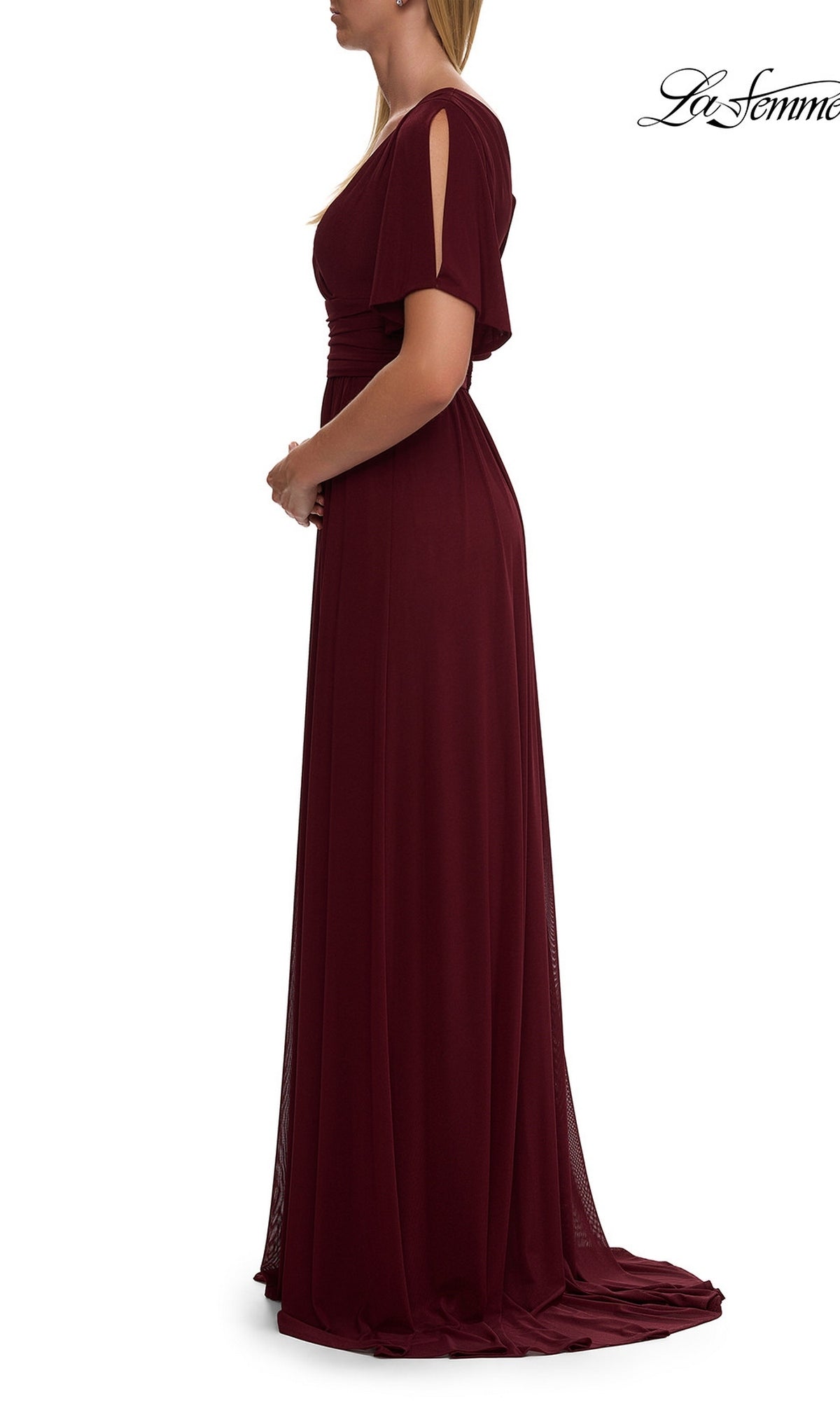 A woman in a floor-length, burgundy Split-Sleeve Long Formal Dress: La Femme 30009 stands in profile against a white background. The “La Femme” logo appears in the top right corner, highlighting this elegant long evening gown with short split sleeves.