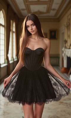 A woman wearing the Strapless Short Corset Hoco Dress: Alyce 30011 stands in an elegant room with large windows, an ornate ceiling, and framed artwork on the walls.