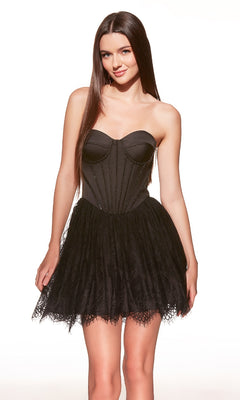A woman with long straight brown hair wears the Alyce 30011 Strapless Short Corset Hoco Dress, featuring a satin sweetheart corset bodice and lace skirt, standing against a white background.