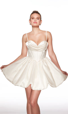 Woman wearing the Alyce Paris Bubble-Skirt Short Hoco Dress (Style 30012) in white satin with thin straps and a fitted bodice, standing against a plain white background.