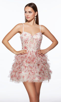 A woman stands hands on hips in the Alyce 30013 Ruffled Short Print Corset Hoco Dress, showcasing its fitted beaded bodice and ruffled skirt against a plain white background.