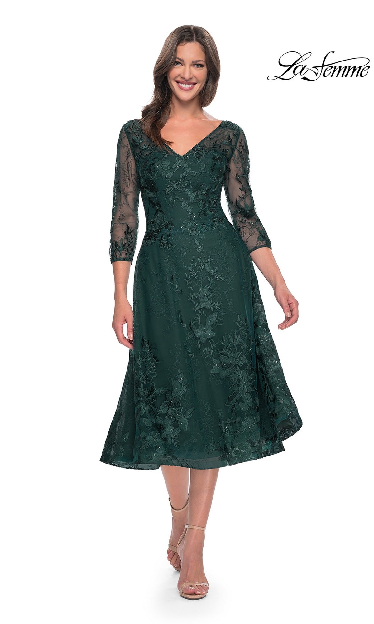 Dark emerald La Femme 30016 midi wedding guest dress featuring modest lace, three-quarter sleeves, and an embroidered floral pattern.