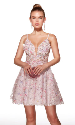A young woman wears the Alyce 30017 short homecoming dress, a sleeveless light pink style with floral and rhinestone embellishments and a deep V-neckline, holding a small clutch against a plain white background.