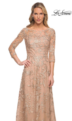 La Femme 30021 floor-length formal dress featuring a boat neckline, three-quarter sleeves, and intricate metallic floral embroidery over a tan base.