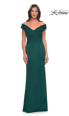A mother-of-the-groom wears the Long Formal Dress: La Femme 30040 in Dark Emerald, an off-the-shoulder, floor-length gown with pleats, posed against a white background.