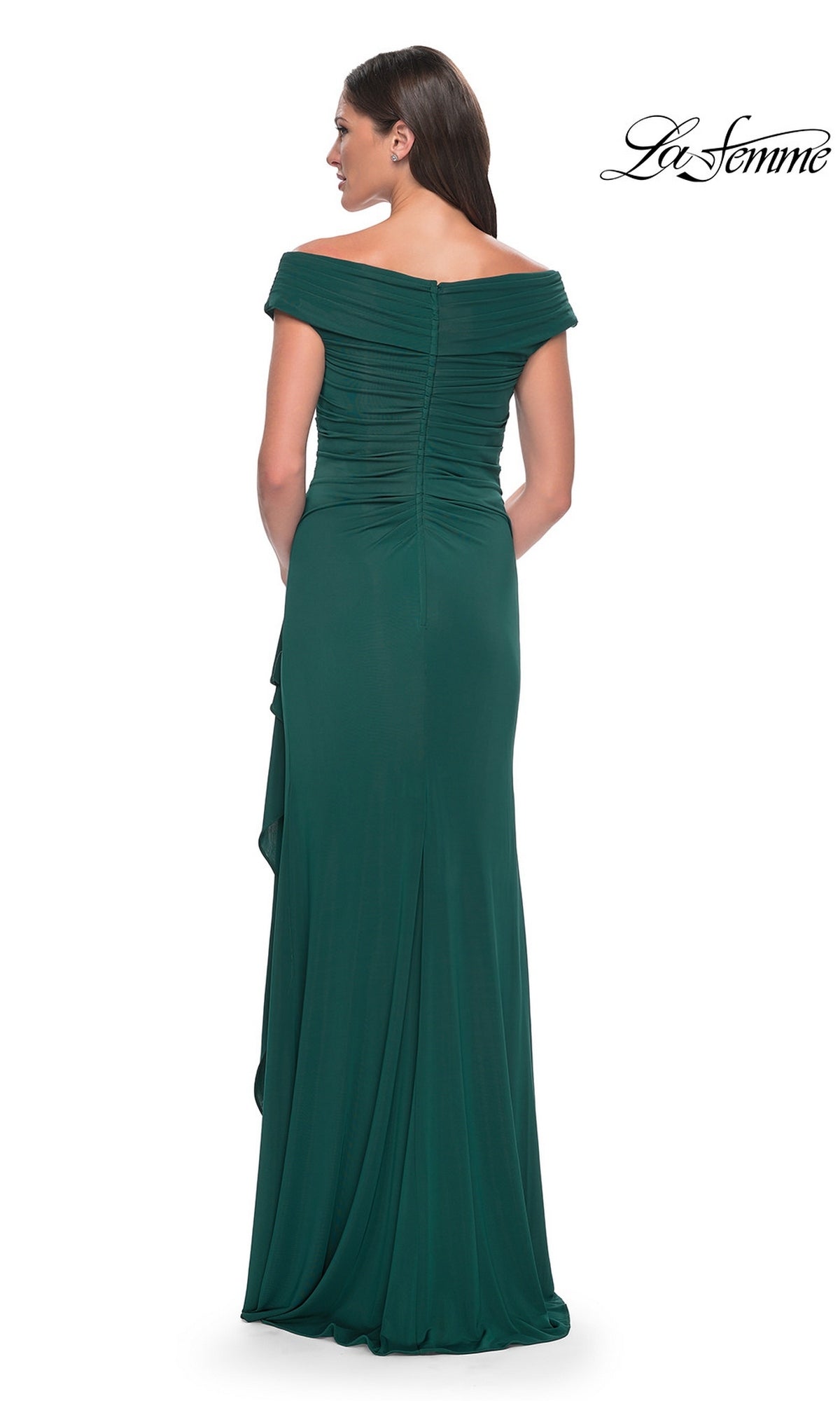 Woman in a floor-length, off-the-shoulder dark green gown with ruched back—stunning as the Long Formal Dress: La Femme 30040 for the mother-of-the-groom.