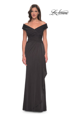 Woman wearing the Long Formal Dress: La Femme 30040 in gunmetal—an off-the-shoulder, v-neck, floor-length gown with gathered bodice and draped skirt. La Femme logo in upper right.