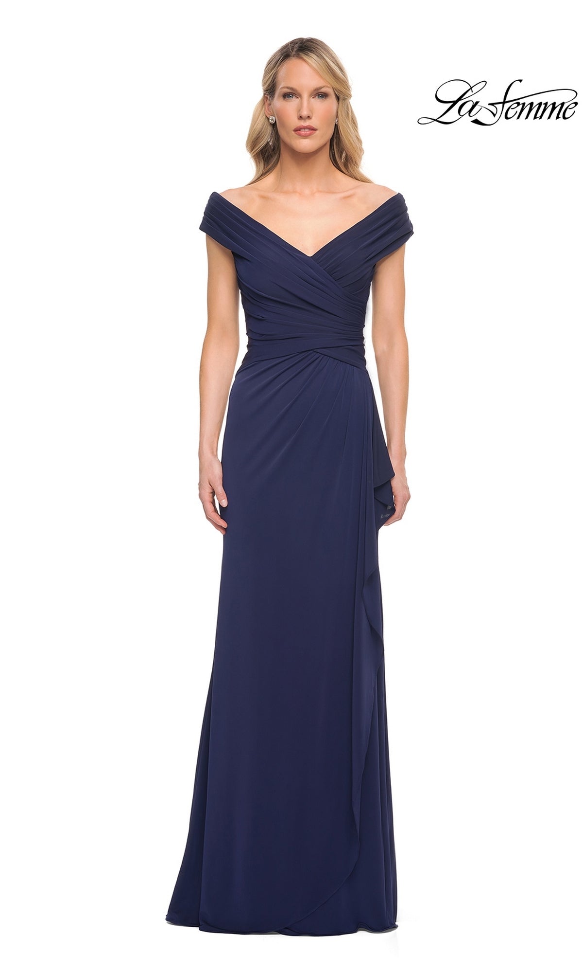 Woman models the Long Formal Dress: La Femme 30040 in navy, featuring a floor-length, off-the-shoulder v-neck and ruched bodice. “La Femme” logo at top right.