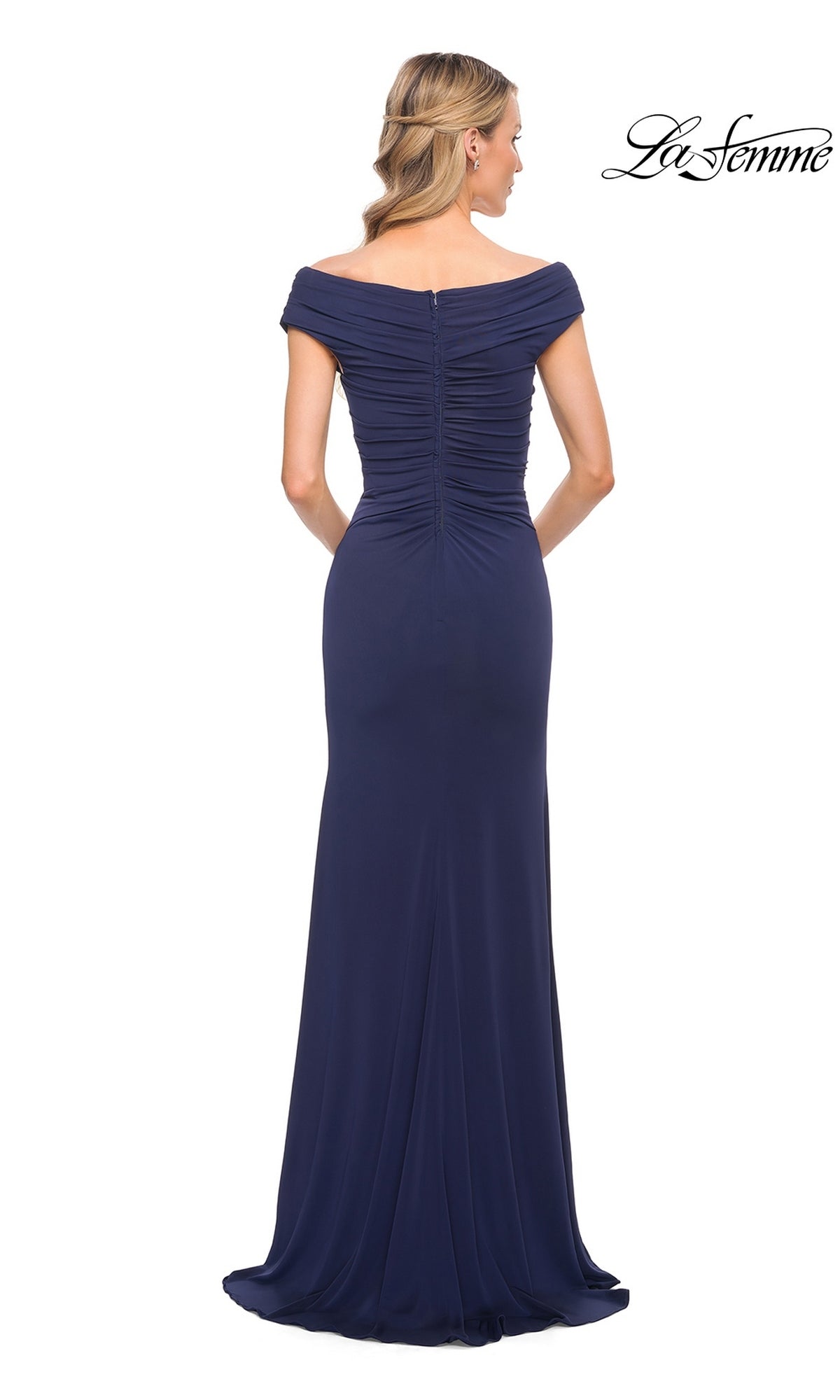 Mother-of-the-groom in Long Formal Dress: La Femme 30040—navy, off-the-shoulder V-neck, floor-length with ruched back—blonde hair in loose waves.