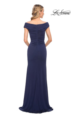 Mother-of-the-groom in Long Formal Dress: La Femme 30040—navy, off-the-shoulder V-neck, floor-length with ruched back—blonde hair in loose waves.