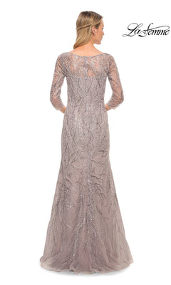 Back view of a mauve La Femme 30044 beaded embellished gown, featuring three-quarter sleeves and intricate silver metallic embroidery on this floor-length formal dress.