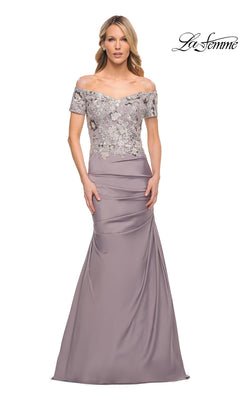 La Femme 30045 silver off-the-shoulder mermaid gown with a floral embroidered bodice and a floor-length skirt.