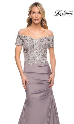 La Femme 30045 off-the-shoulder mermaid gown featuring a floral-embroidered bodice and a draped skirt.