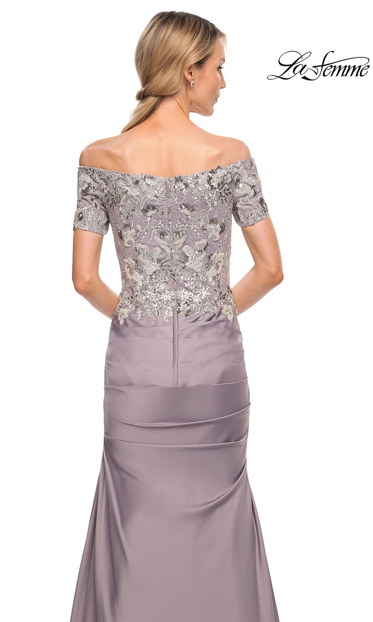 Back view of a La Femme 30045 long formal dress, featuring an off-the-shoulder floral embroidered bodice and a fitted, floor-length mermaid silhouette.