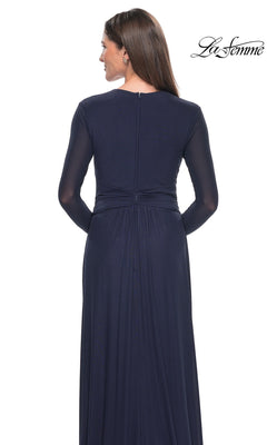Back view of the Long Formal Dress: La Femme 30048, a floor-length, long-sleeved navy modest formal dress with a gathered waist.