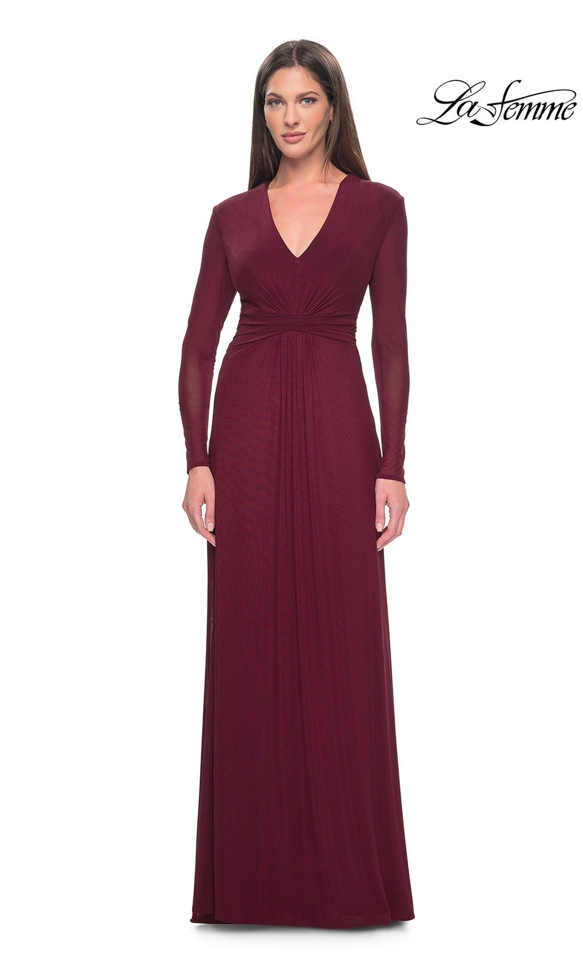 Long Formal Dress: La Femme 30048, a wine-colored long-sleeved formal gown with a V-neck and ruched waist, perfect for a winter wedding.