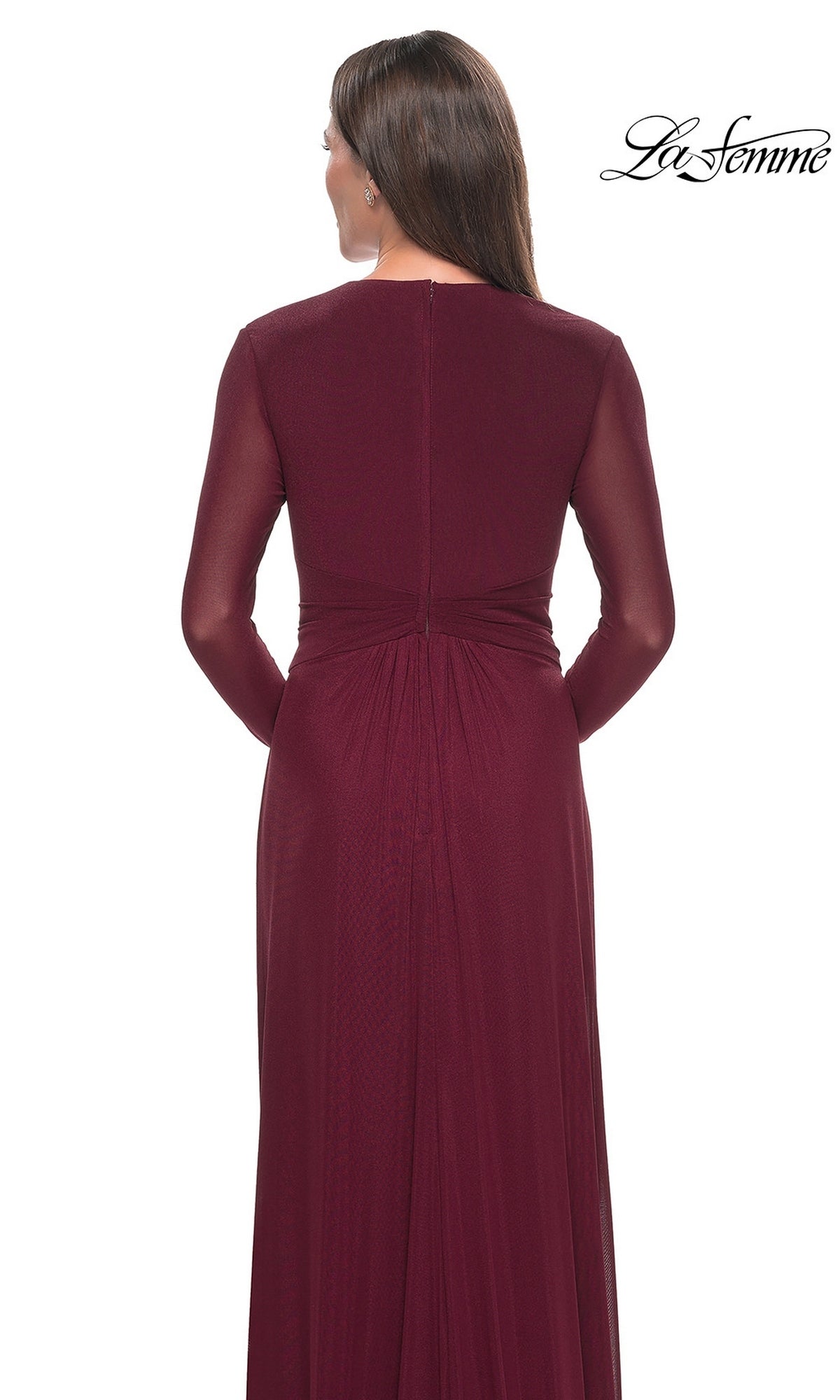 Back view of the Long Formal Dress: La Femme 30048, a floor-length, dark red jersey dress featuring long sleeves and a gathered waist.
