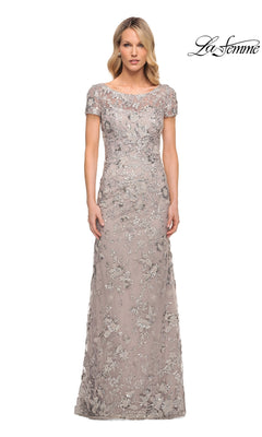 A floor-length, short-sleeved La Femme 30053 formal dress in a lavender-gray hue with an all-over floral sequin and bead overlay.