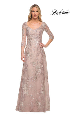 La Femme 30054 mauve, floor-length mother of the bride dress featuring three-quarter sleeves and an embroidered floral metallic lace overlay.