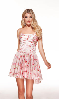 Lace-Up Short Homecoming Dress with Floral Print– PromGirl