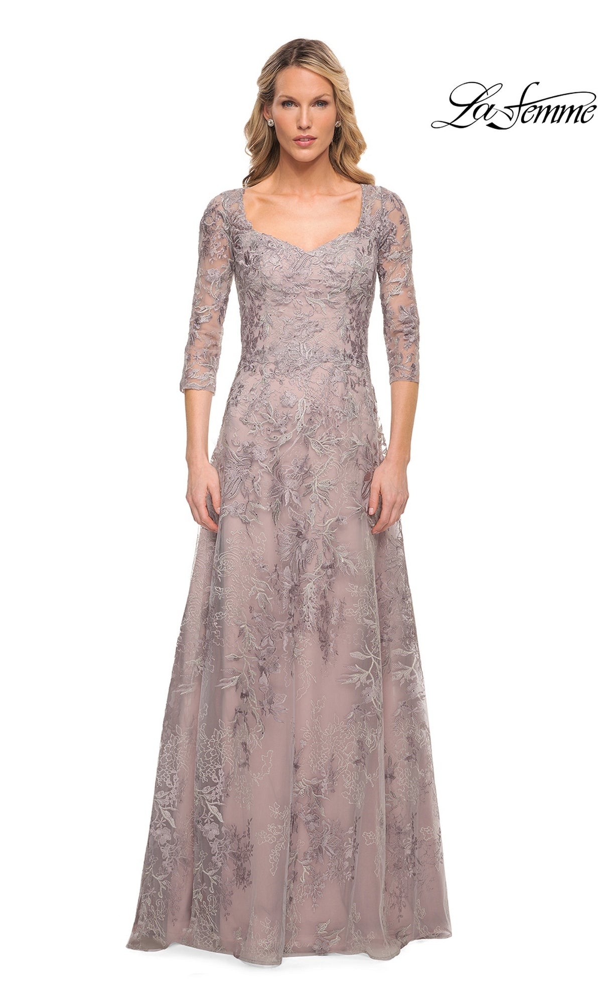 La Femme 30078 is a floor-length, silver and pink mother of the bride dress with three-quarter sleeves, a scoop neckline, and intricate floral lace embroidery.