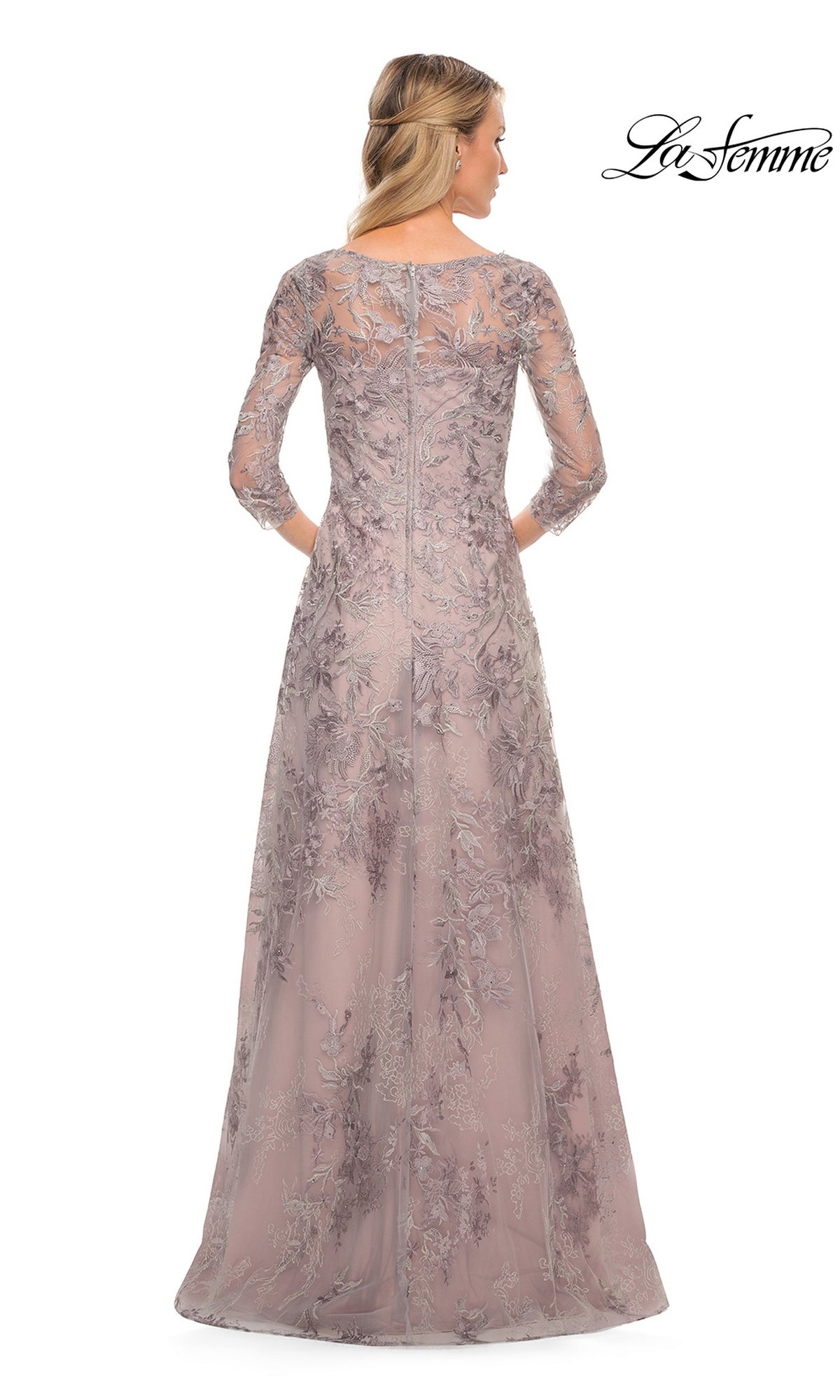 Back view of the Long Formal Dress: La Femme 30078, a floor-length, mauve-colored mother of the bride dress with three-quarter length sleeves and intricate floral lace embroidery.