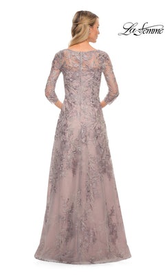 Back view of the Long Formal Dress: La Femme 30078, a floor-length, mauve-colored mother of the bride dress with three-quarter length sleeves and intricate floral lace embroidery.
