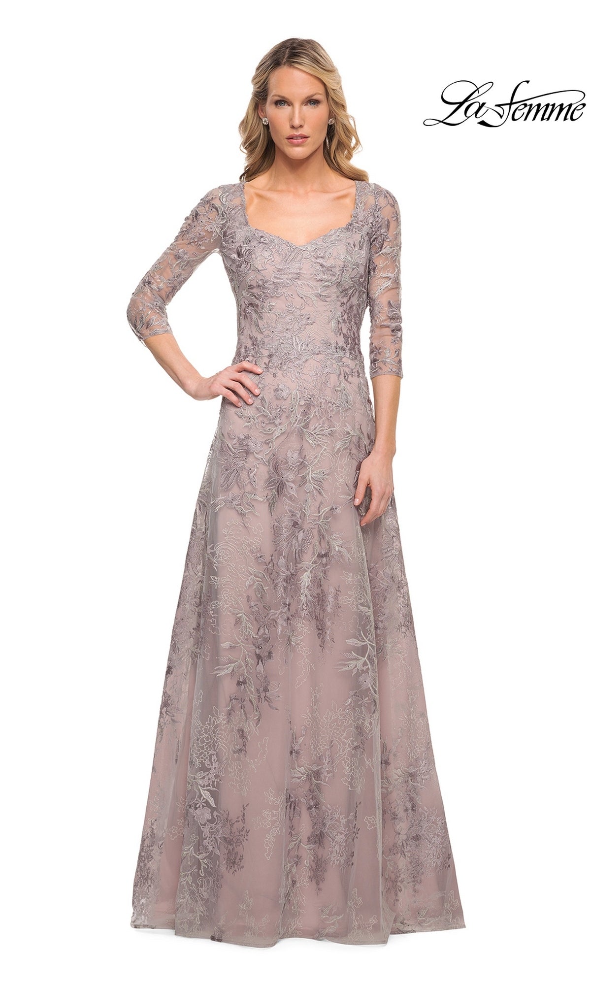 La Femme 30078 is a mauve, lace-embroidered floor-length gown with three-quarter sleeves and a sweetheart neckline, ideal as a mother of the bride dress.