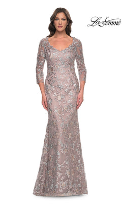 Mauve floor-length mermaid La Femme 30081 gown with three-quarter sleeves and delicate floral embroidery.