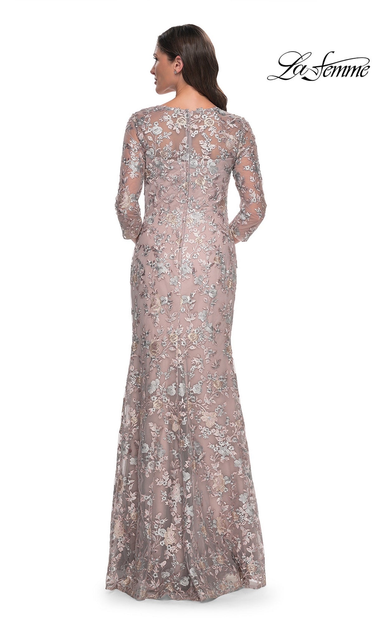 Back view of a mauve La Femme 30081 formal dress featuring three-quarter sleeves, silver floral embroidery, and a modest mermaid silhouette.