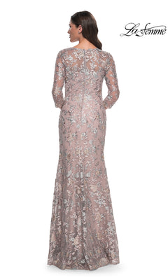 Back view of a mauve La Femme 30081 formal dress featuring three-quarter sleeves, silver floral embroidery, and a modest mermaid silhouette.