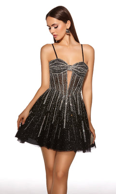 A woman poses in the Alyce 30085 Short Homecoming Dress—a black fit and flare design with silver sparkles, vertical stripes, a sheer midsection, flared skirt, and rhinestone embellishments—perfect for making a statement at any event.