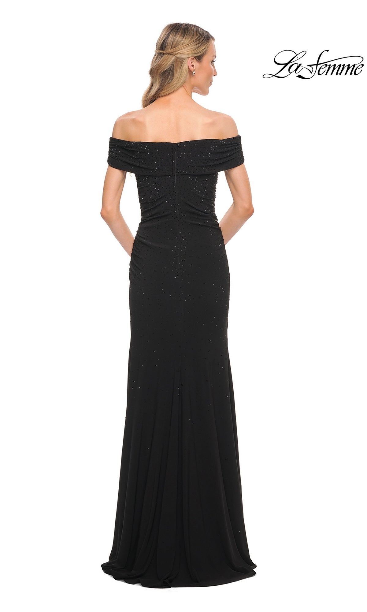 Back view of a floor-length black off-the-shoulder Long Formal Dress: La Femme 30117 with subtle glitter detailing.