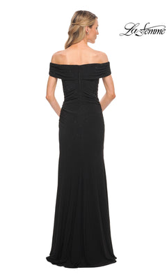 Back view of a floor-length black off-the-shoulder Long Formal Dress: La Femme 30117 with subtle glitter detailing.