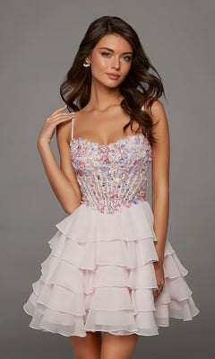 A woman wearing the Alyce 30121 Short Homecoming Dress in Rosewater—a sleeveless fit-and-flare style featuring a sequined bodice and delicate sequin-beaded embellishments—stands against a plain gray background.
