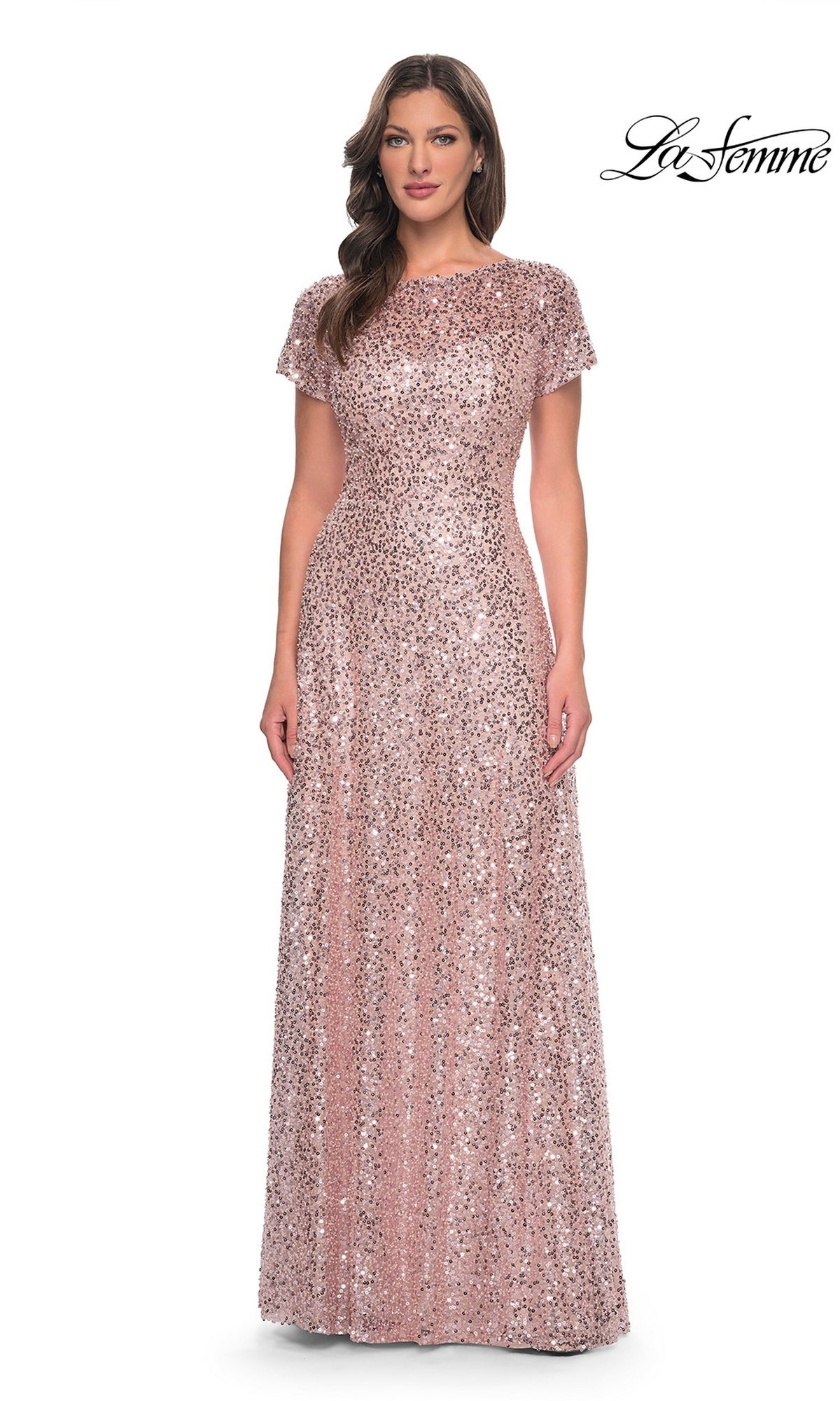 Model wearing a mauve La Femme 30122 formal dress in an A-line, floor-length silhouette with short sleeves and a high neckline.