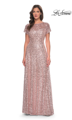 Model wearing a mauve La Femme 30122 formal dress in an A-line, floor-length silhouette with short sleeves and a high neckline.