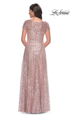 Back view of the Long Formal Dress: La Femme 30122, a floor-length, rose gold sequined A-line formal dress with short sleeves and a rounded neckline.