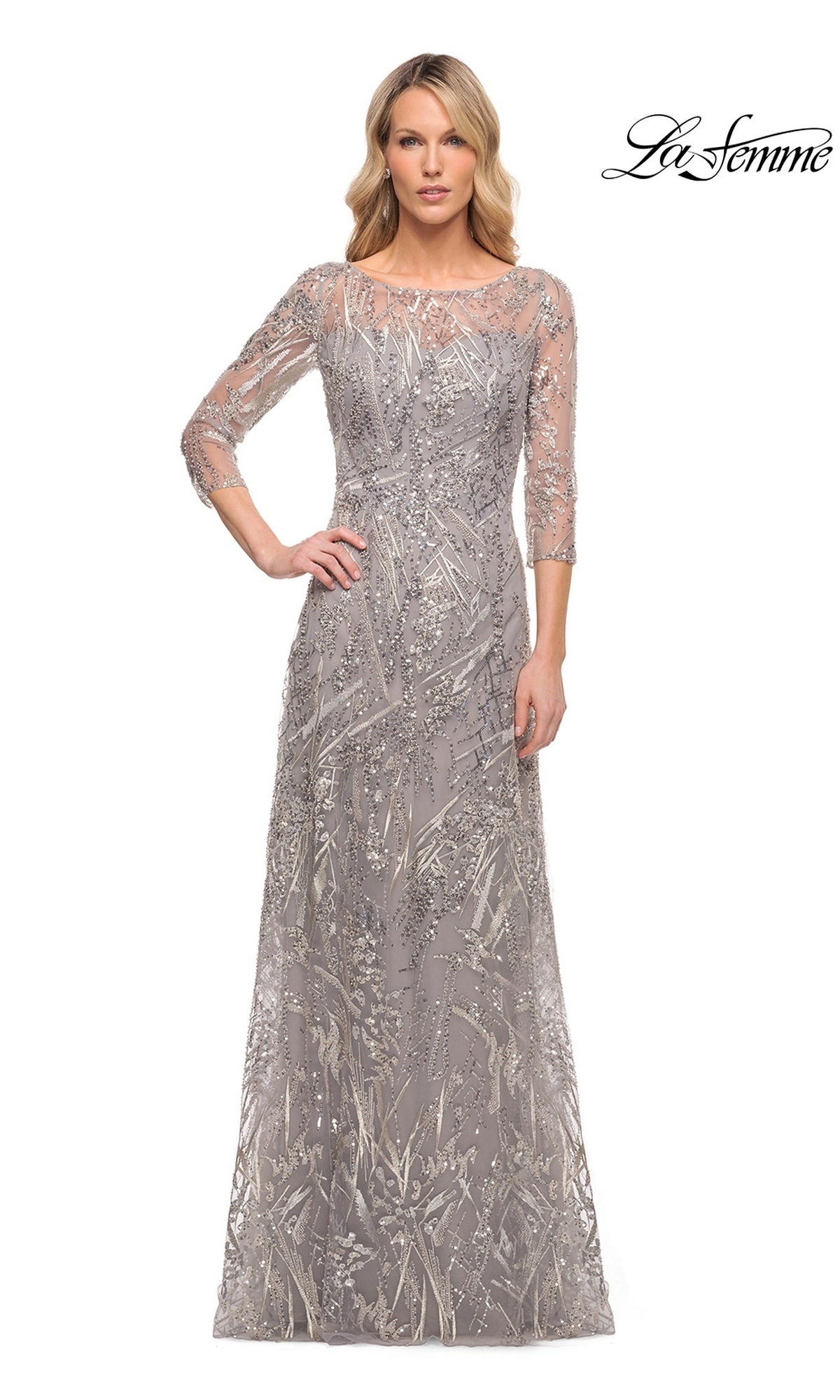 Long Formal Dress: La Femme 30161 in silver, a floor-length evening gown with three-quarter sleeves, a high neck, and an all-over sequined geometric pattern.
