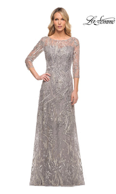 Long Formal Dress: La Femme 30161 in silver, a floor-length evening gown with three-quarter sleeves, a high neck, and an all-over sequined geometric pattern.