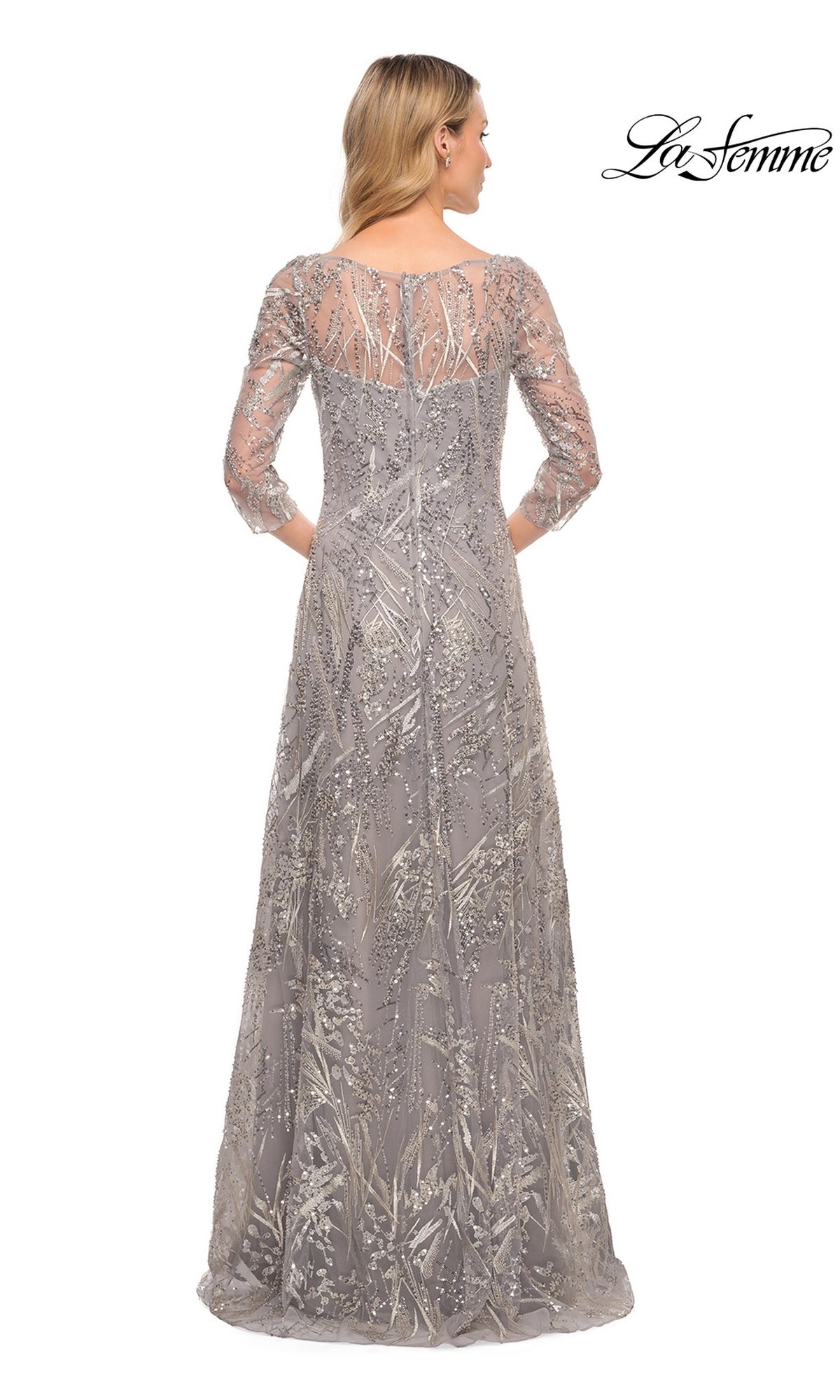 Back view of the Long Formal Dress: La Femme 30161, a floor-length gray beaded lace evening gown with three-quarter sleeves, sheer netting, and silver sequin and beaded floral embroidery.