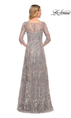 Back view of the Long Formal Dress: La Femme 30161, a floor-length gray beaded lace evening gown with three-quarter sleeves, sheer netting, and silver sequin and beaded floral embroidery.