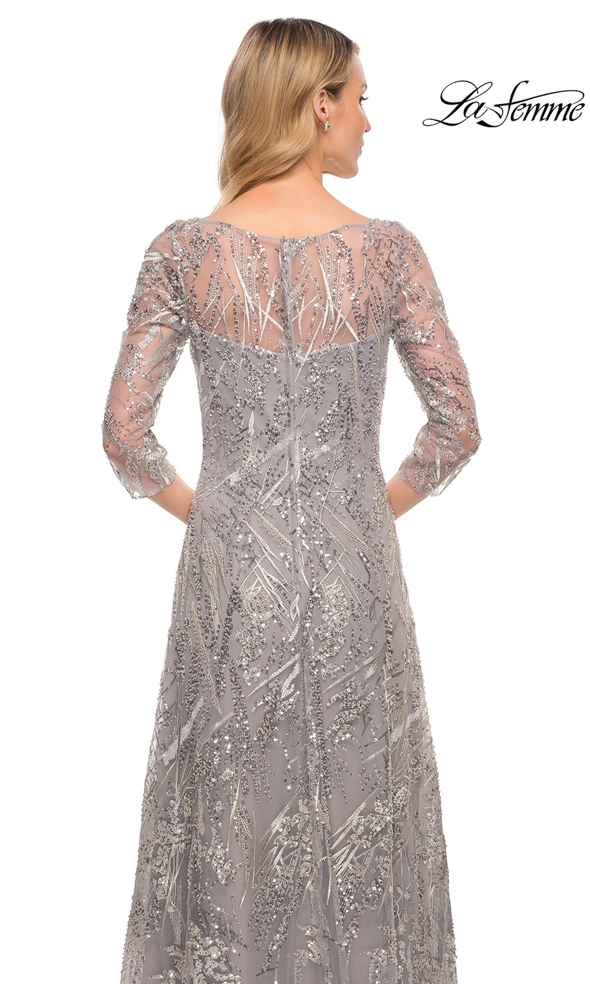 Back view of the Long Formal Dress: La Femme 30161, a grey three-quarter sleeve silver formal dress featuring a sequined geometric leaf pattern.