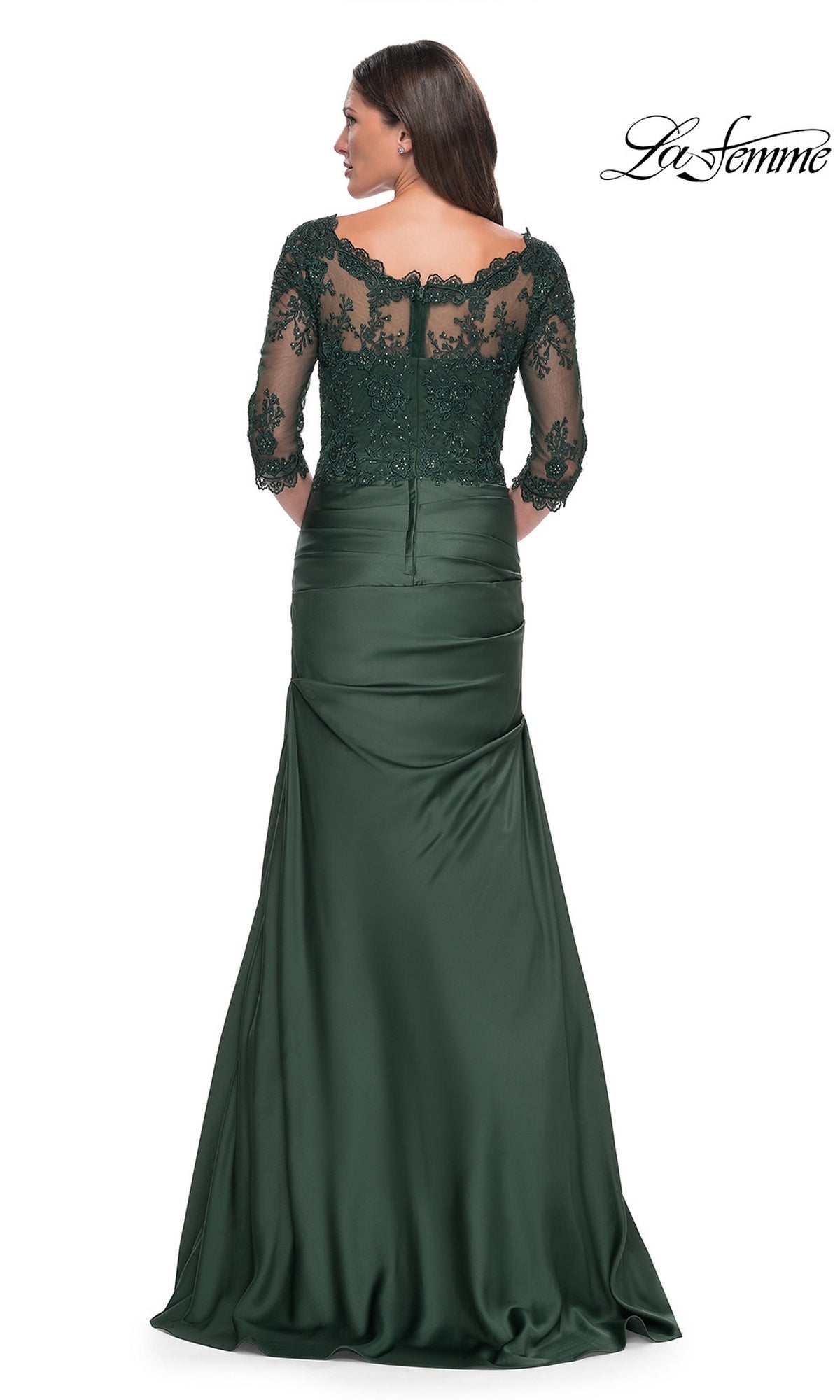 Woman wearing the Long Formal Dress: La Femme 30162, floor-length forest green with lace bodice detail on the back and sleeves, seen from behind.